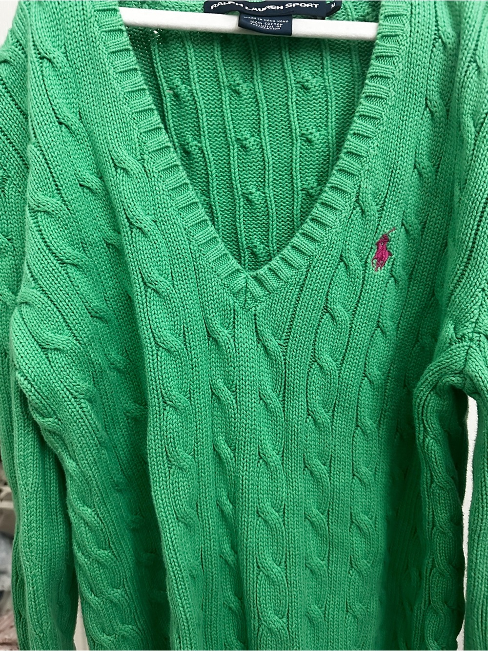 Ralph Lauren Bright Green Cable-Knit V-Neck Sweater with Pink Pony